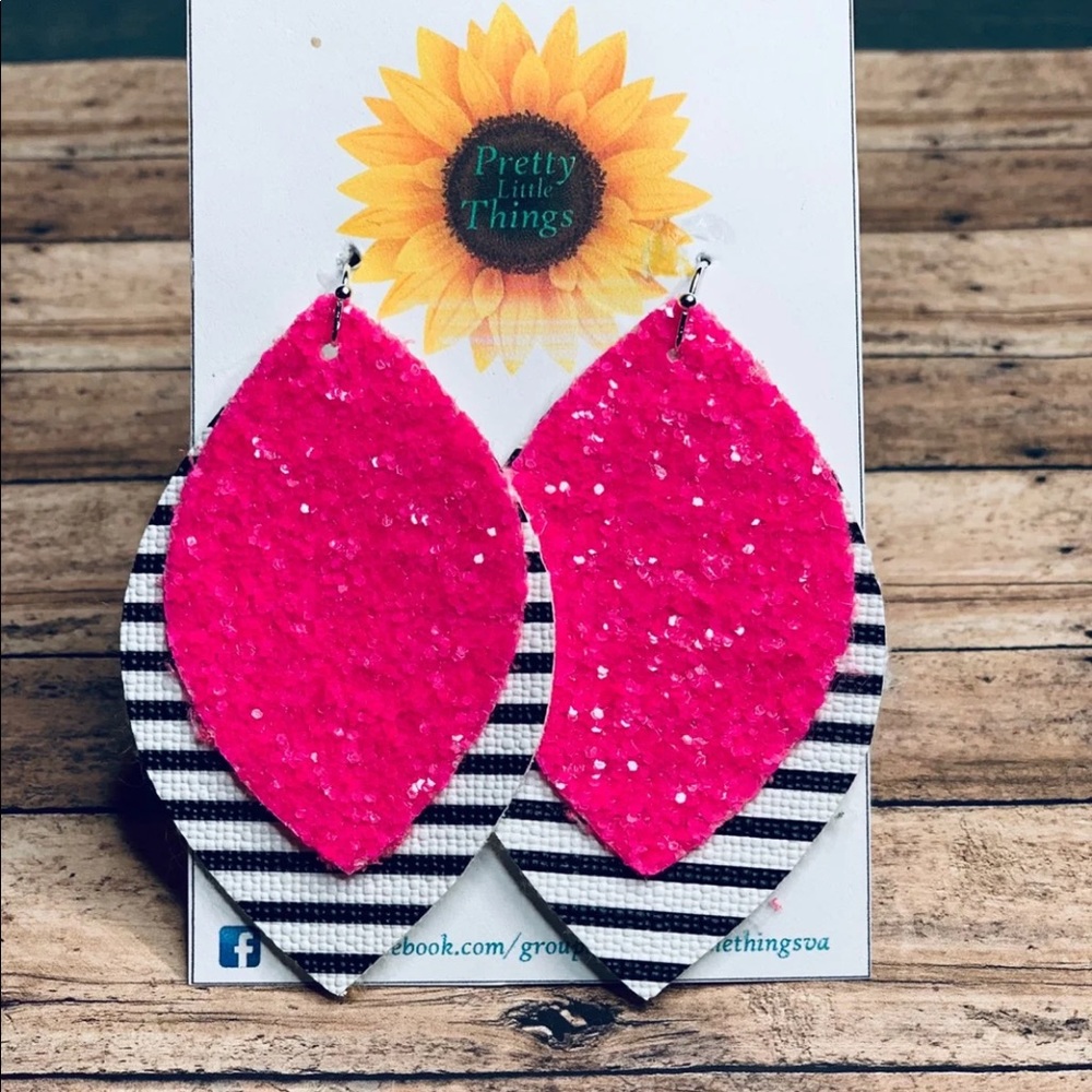Hot pink/ stripe faux leather earrings